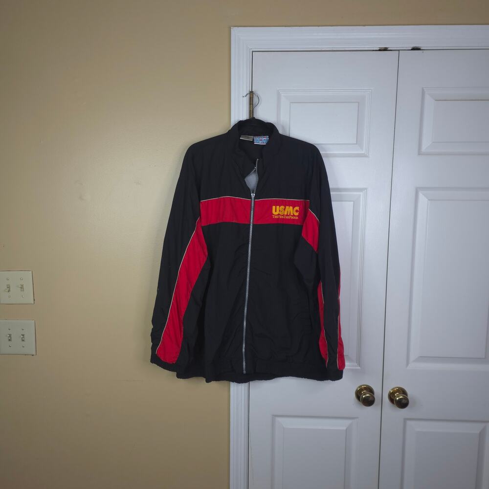 USMC Marines Windbreaker Track Jacket Black Red Men's Large *BROKEN ZIPPER*